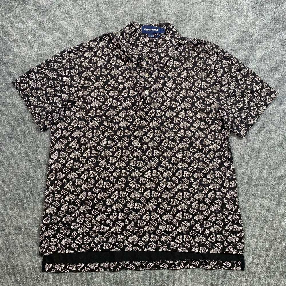 Polo Golf Ralph Lauren Mens Large Black White Paisley Cotton Polo Shirt 7811